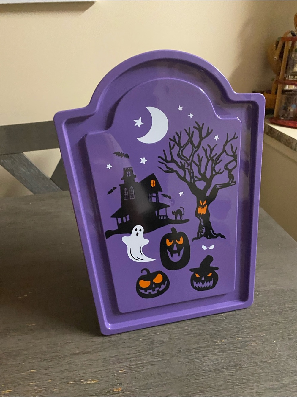 Purple Halloween Trick-or-Treat Candy Tray with Haunted Graphics